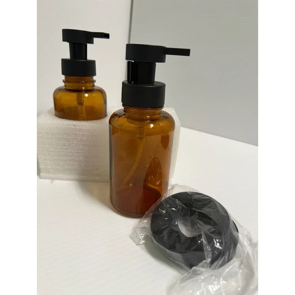 Amber Glass Soap Dispenser Set Matte Black Pump Refillable Bottles 2pc